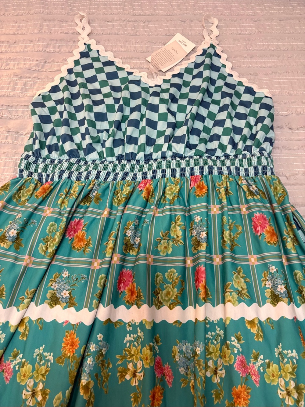 Grace Karin Turquoise Blue Floral Checkered Maxi Dress-measurements in photos - Picture 7 of 9